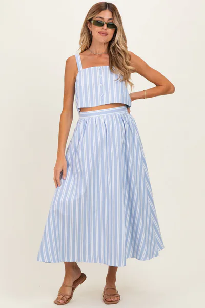 PinkBlush Blue Striped Crop Tank Midi Skirt Maternity Set