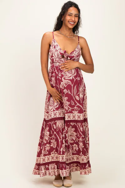 PinkBlush Wine Floral Front Tie Keyhole Maternity Maxi Dress