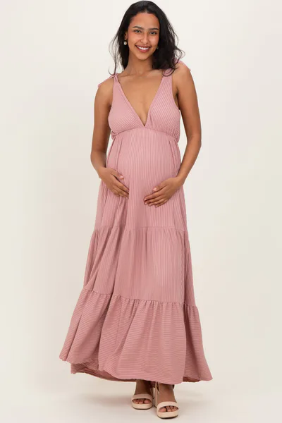PinkBlush Mauve Shoulder Tie Ribbed Tiered Maternity Maxi Dress