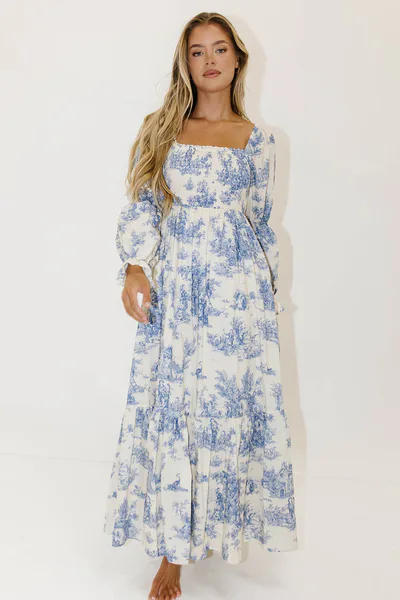 Worth Collective Emerson 100% Cotton Smocked Maxi Dress with Long Sleeves in Scenic Blue - Bump Friendly & Inclusive Sizing