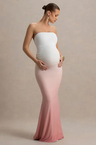 Club L London Sharnie | Pink Ombre Strapless Maternity Maxi Dress