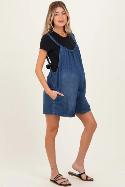 PinkBlush Navy Low Tie Back Maternity Denim Shortall