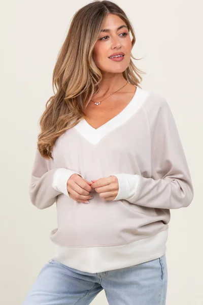 PinkBlush Beige Colorblock V-Neck Maternity Pullover Top