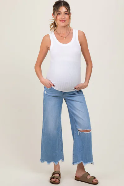 PinkBlush Light Blue Distressed Hem Open Knee Cropped Wide Leg Maternity Jeans