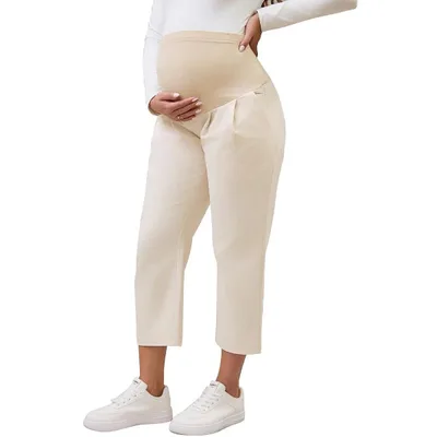Target INSPIRE CHIC Womens Cotton Maternity Pants Straight Slacks Over Belly Casual Work Cropped Pregnancy Trousers with Pockets Large Beige