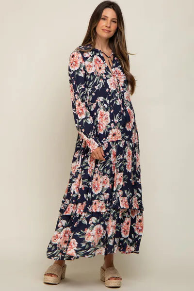 PinkBlush Navy Floral Smocked Ruffle Neck Maternity Maxi Dress