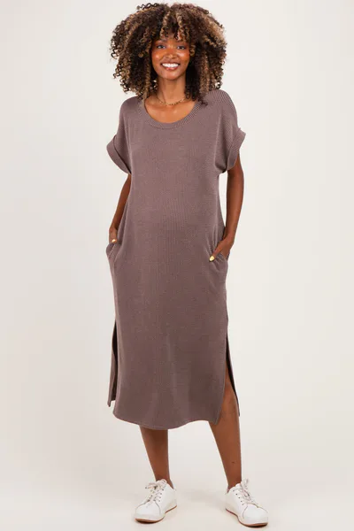 PinkBlush Brown Short Sleeve Ribbed Maternity Maxi Dress