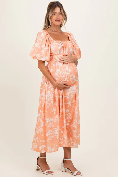 PinkBlush Peach Floral Textured Puff Sleeve Maternity Midi Dress