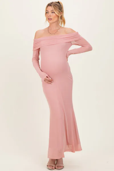 PinkBlush Mauve Mesh Overlay Off Shoulder Long Sleeve Maternity Midi Dress