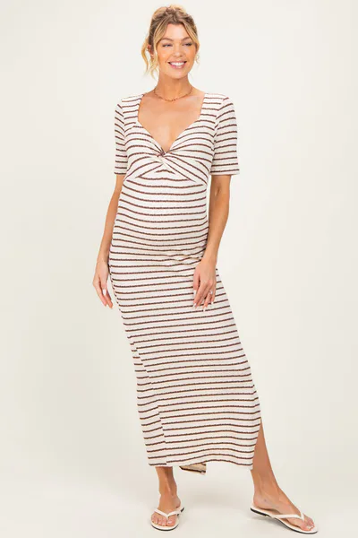 PinkBlush Cream/ Brown Striped Knit Short Sleeve Maternity Maxi Dress