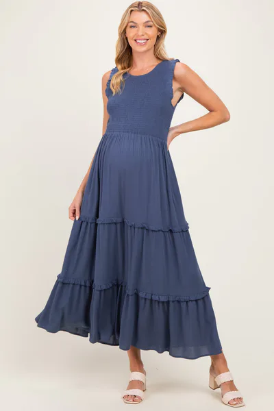 PinkBlush Light Navy Smocked Sleeveless Tiered Maternity Maxi Dress
