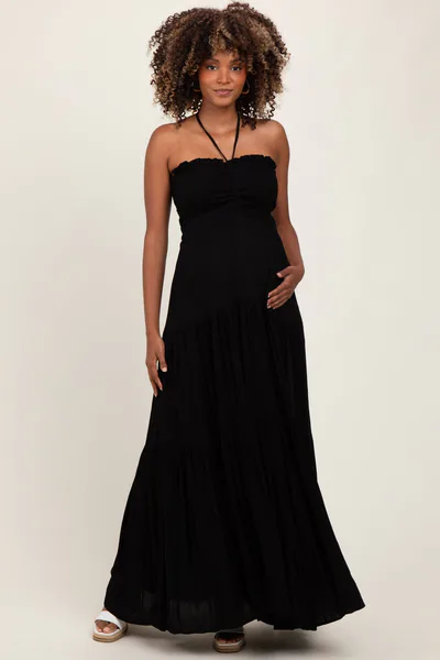 PinkBlush Black Smocked Halter Tiered Maternity Maxi Dress