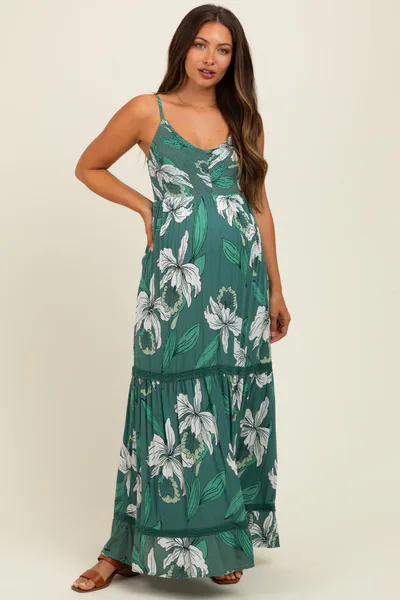 PinkBlush Green Floral V-Neck Smocked Lace Trim Maternity Maxi Dress