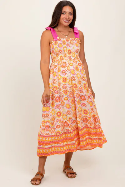 PinkBlush Yellow Floral Shoulder Tie Smocked Maternity Midi Dress