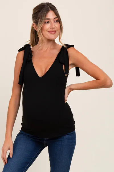 PinkBlush Black Solid Ribbed Sleeveless Tie V-Neck Maternity Top