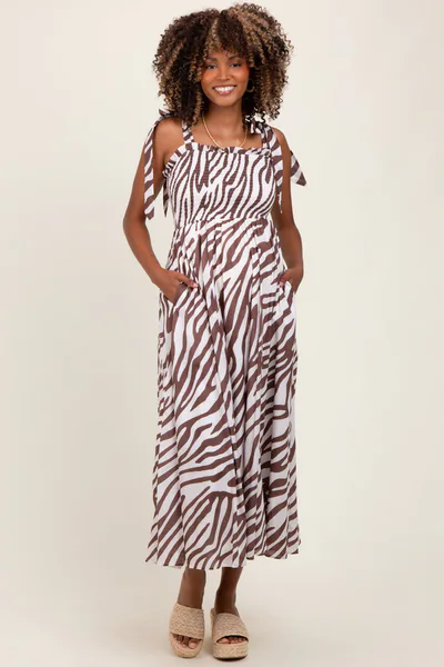 PinkBlush Brown Animal Print Smocked Shoulder Tie Maternity Midi Dress