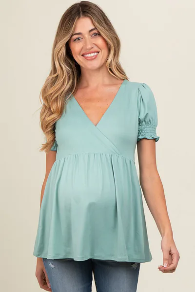 PinkBlush Light Olive Puff Sleeve Crossover Maternity/Nursing Top