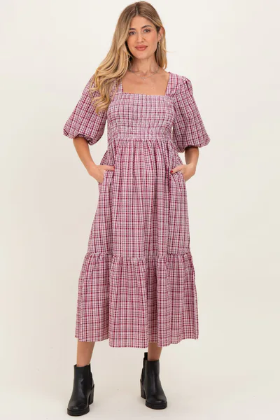 PinkBlush Red Plaid  Bubble Sleeve Maternity Dress