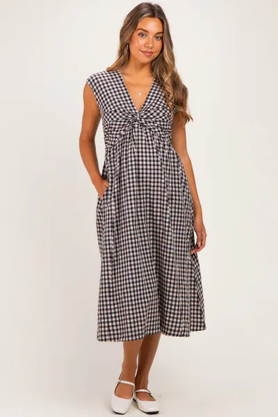 PinkBlush Black Gingham Twist Front Maternity Midi Dress