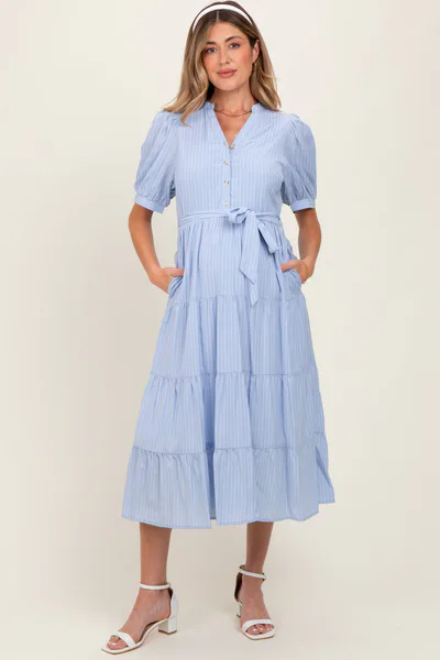 PinkBlush Light Blue Striped Button Up Tiered Maternity Maxi Dress