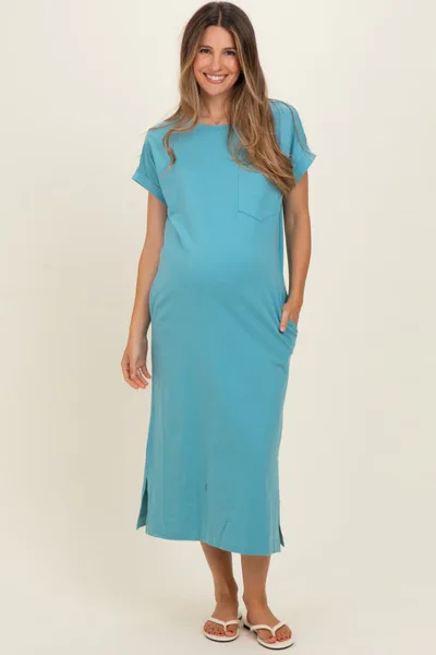 PinkBlush Dusty Teal Pocket Front Maternity Midi T-Shirt Dress