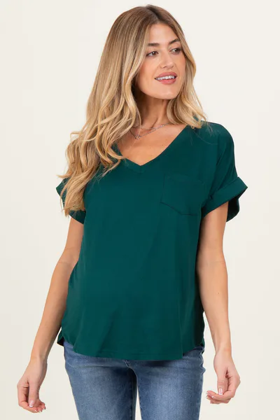PinkBlush Forest Green V-Neck Pocket Short Sleeve Maternity Shirt