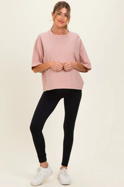 PinkBlush Oat Oversized Striped Maternity Boyfriend Tee