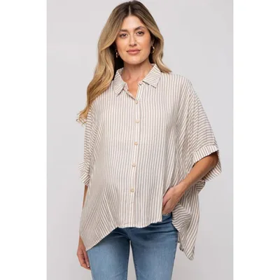 Target PinkBlush Taupe Striped Button Up Dolman Maternity Top Taupe Large/X-Large