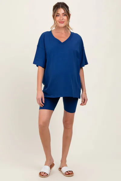 PinkBlush Light Navy Oversized V-Neck Biker Short Maternity Set