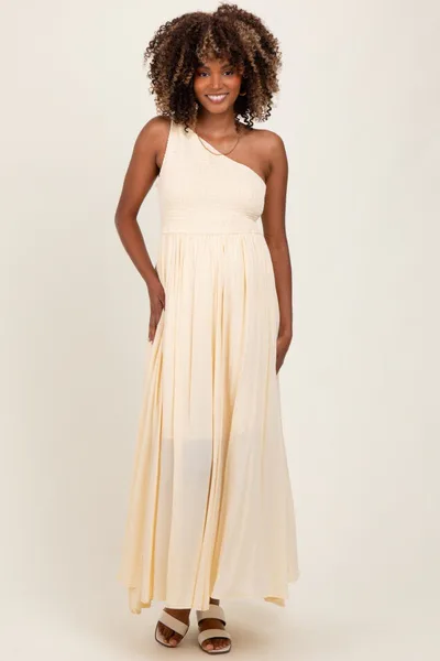 PinkBlush Cream Smocked One Shoulder Maternity Maxi Dress
