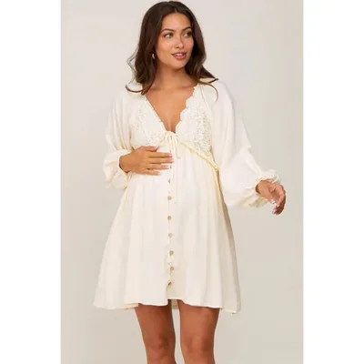 Target Pinkblush Beige Crochet Lace Button Front Maternity Dress Large