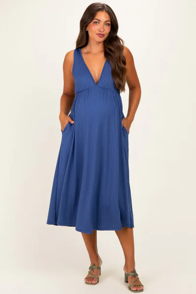 PinkBlush Blue Sleeveless Ribbed Knit A-Line Maternity Midi Dress