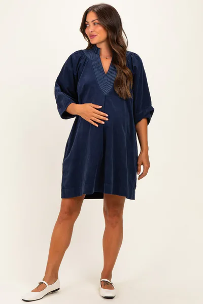 PinkBlush Navy Corduroy Contrast Stitched Maternity Dress