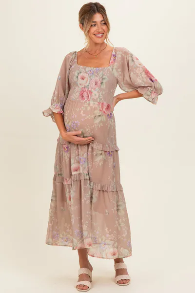 PinkBlush Taupe Floral Smocked Chiffon Tiered Maternity Maxi Dress