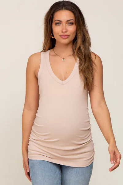 PinkBlush Taupe Ribbed Sleeveless Ruched Maternity Tank Top