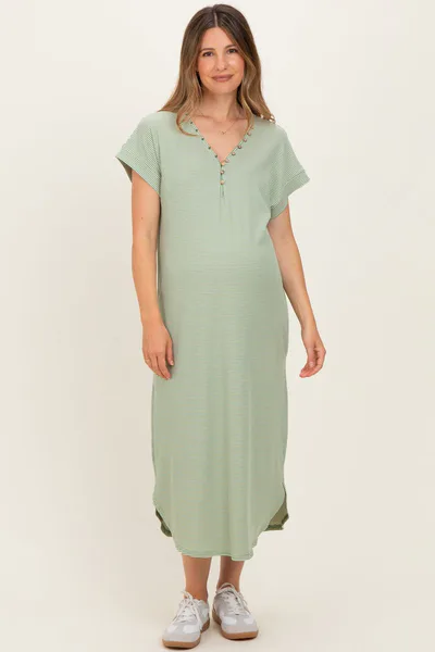 PinkBlush Sage Striped Button Detail Maternity Midi Dress