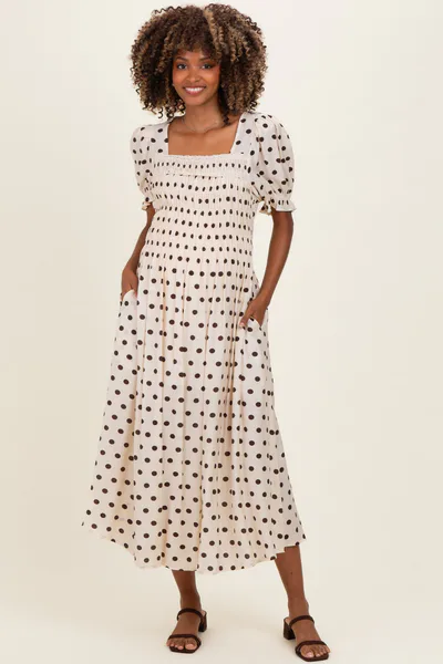 PinkBlush Ecru Polka Dot Smocked Maternity Midi Dress