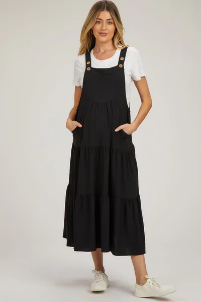 PinkBlush Black Button Sling Tiered Maternity Midi Dress