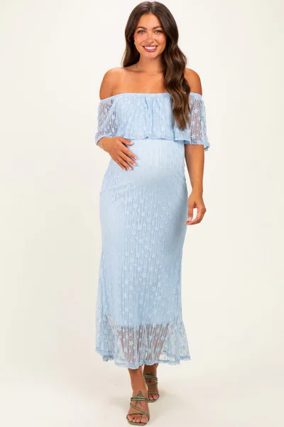 PinkBlush Light Blue Off Shoulder Lace Maternity Maxi Dress
