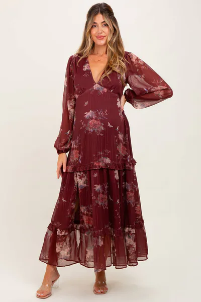 PinkBlush Burgundy Floral Chiffon V-Neck Long Sleeve Maternity Maxi Dress