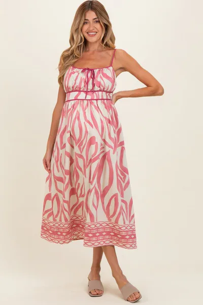 PinkBlush Pink Printed Front Tie Maternity Midi Dress