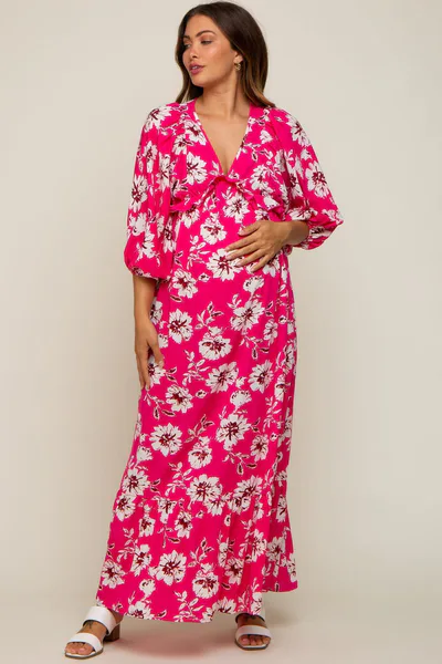 PinkBlush Fuchsia Floral V-Neck Dolman 3/4 Sleeve Maternity Midi Dress