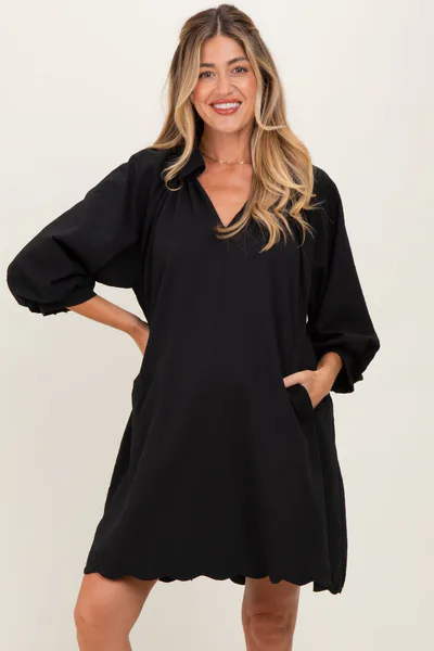 PinkBlush Black Textured Collared 3/4 Puff Sleeve Maternity Dress