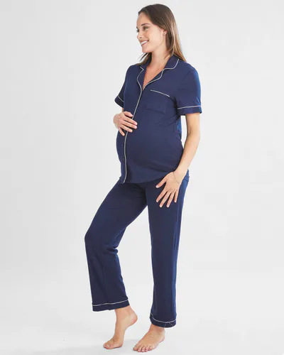 Angel Maternity Maternity and Nursing Button Front Pajama Set in Navy
