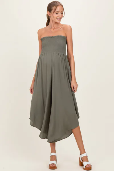 PinkBlush Olive Smocked Strapless Tulip Leg Maternity Jumpsuit