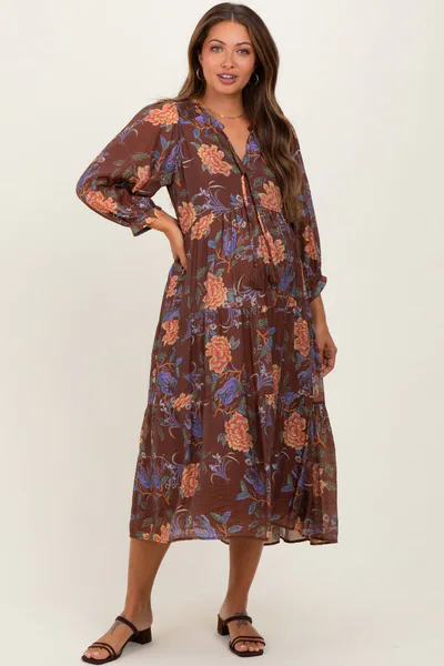 PinkBlush Brown Floral Front Tie Tiered Maternity Midi Dress