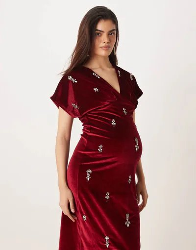 ASOS Hope & Ivy Maternity v-neck embellished velvet midi dress in burgundy