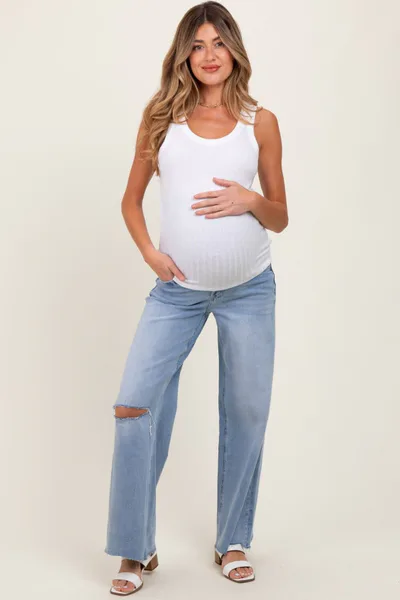 PinkBlush Light Blue Ripped Knee Uneven Raw Hem Wide Leg Maternity Jeans