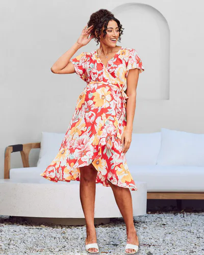 Angel Maternity Molly Maternity Wrap Midi Dress In Red Flora