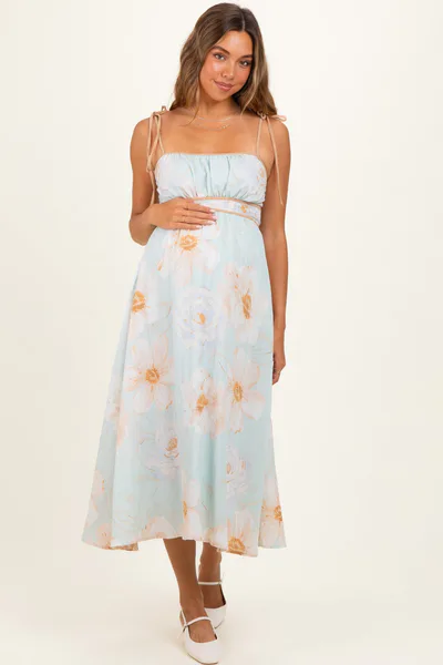 PinkBlush Blue Watercolor Floral Shoulder Tie Maternity Midi Dress